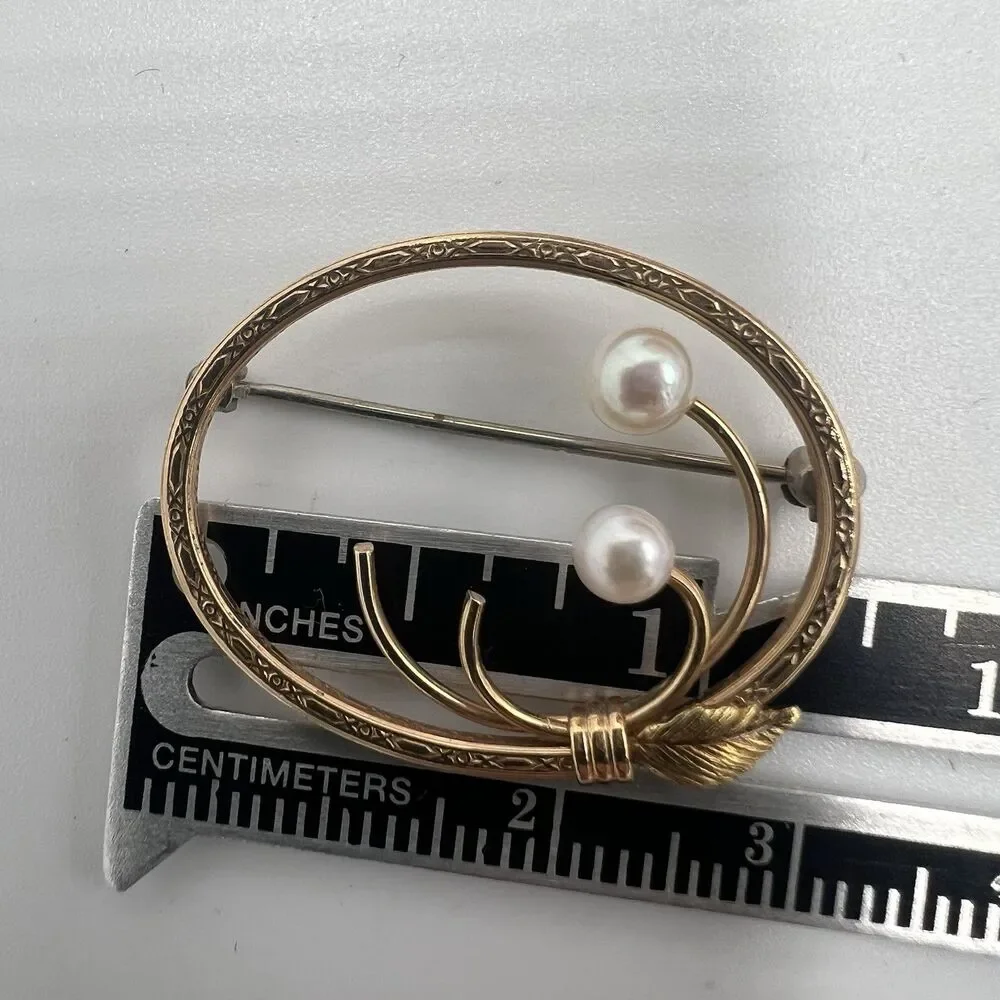 VINTAGE KREMENTZ HANDCRAFTED OVAL GOLD TONE LEAF REAL CULTURED PEARLS BROOCH